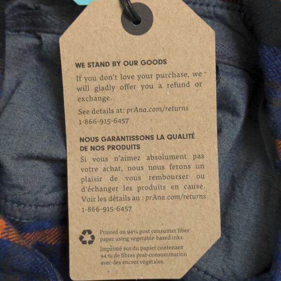 Prana Golden Canyon Flannel Rich Sapphire Plaid Layer Snaps Pocket Organic M New - Picture 15 of 16